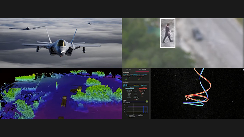 Screen showing four sections with different graphics, one with a fighter jet, second showing enhanced AI security footage, third showing heat sensing topographical map and fourth showing data vizualization