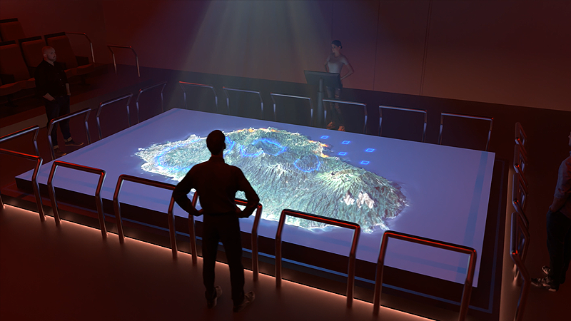 3D rendering of realistic, high tech projection sandtable with three users standing around the table