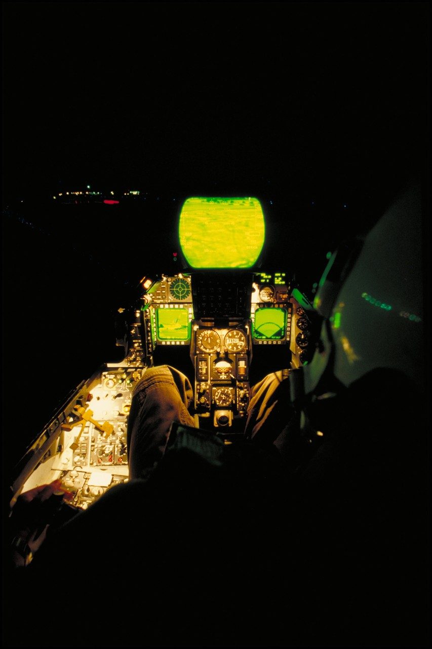 F-16 pilot’s view of the LANTIRN screens, flying at night, circa 1985.