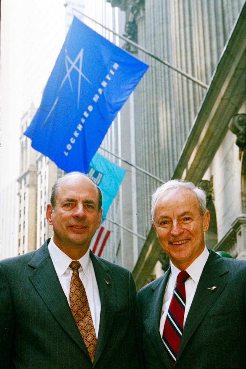 Norman R. Augustine and Daniel M. Tellep at the Merger of Equals on March 16, 1995. First day of stock trading for Lockheed Martin at New York Stock Exchange. 