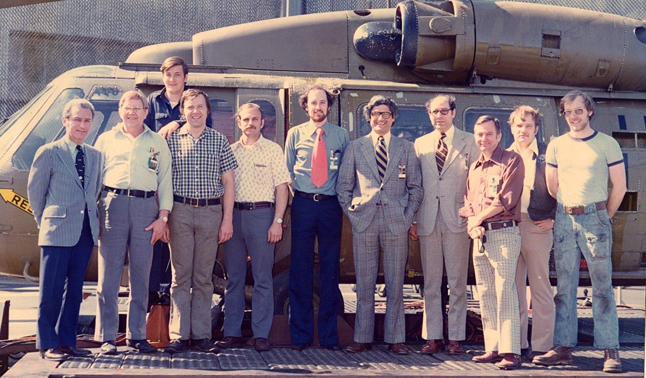 Members of the Sikorsky Black Hawk program team at the Stratford, Connecticut, facility in 1976.