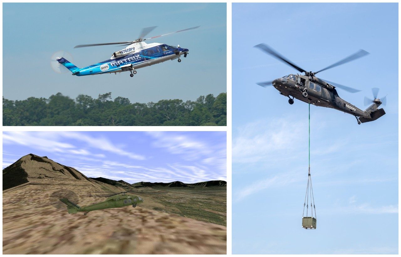Two Sikorsky helicopters equipped with the MATRIX autonomy system demonstrate autonomous and autonomy-assisted missions for the U.S. Marine Corps’ Aerial Logistics Connector program. Lower left, a simulated autonomous landing in mountainous terrain. 