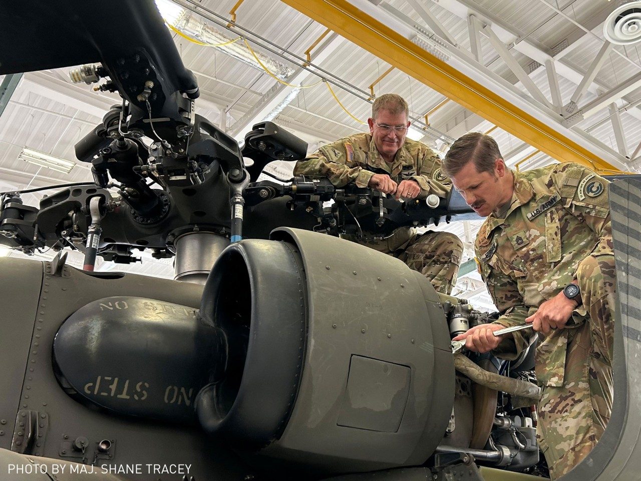 Colorado Army National Guard crew chiefs U.S. Army Sgt. 1st Class Wade Shore (left) and Sgt. 1st Class Jeremy Hubbard (right), High-Altitude Army National Guard Aviation Training Site, perform maintenance on their UH-60 Black Hawk helicopter, in Gypsum, Colorado. Both soldiers participated in the nighttime rescue on June 12. (Photo Credit: U.S. Army National Guard Maj. Shane Tracey)