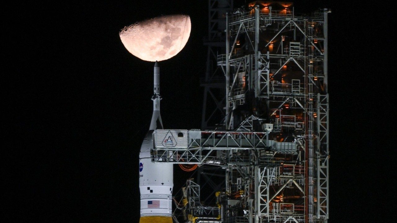 Photo of NASA's Orion, built by Lockheed Martin, atop the space launch system rocket ahead of the wet dress rehearsal.